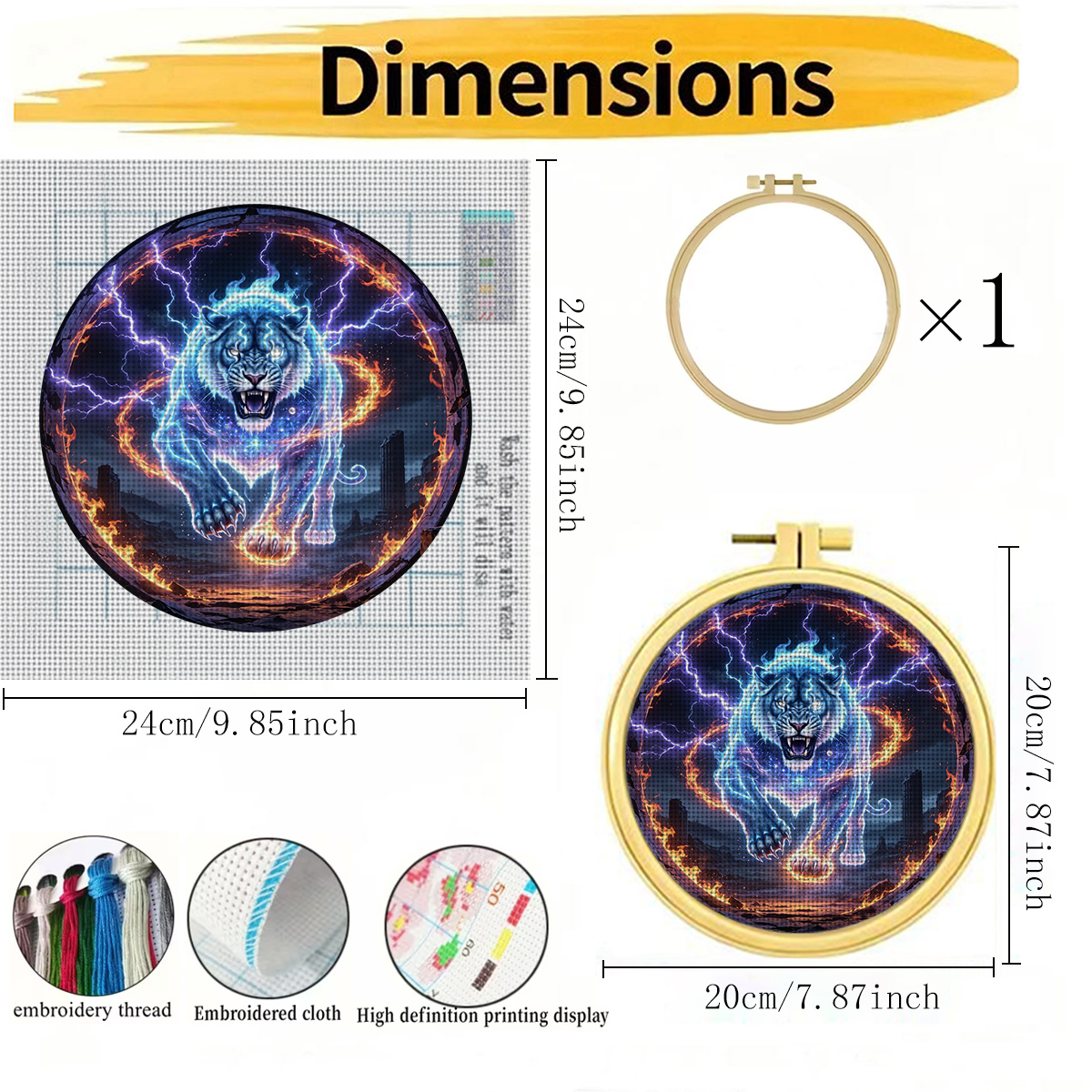 Complete DIY Cross-Stitch Starter Kit with Lightning Spirit Tiger Design