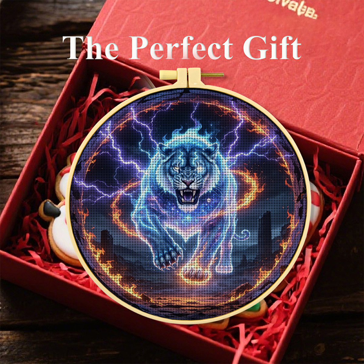 Complete DIY Cross-Stitch Starter Kit with Lightning Spirit Tiger Design