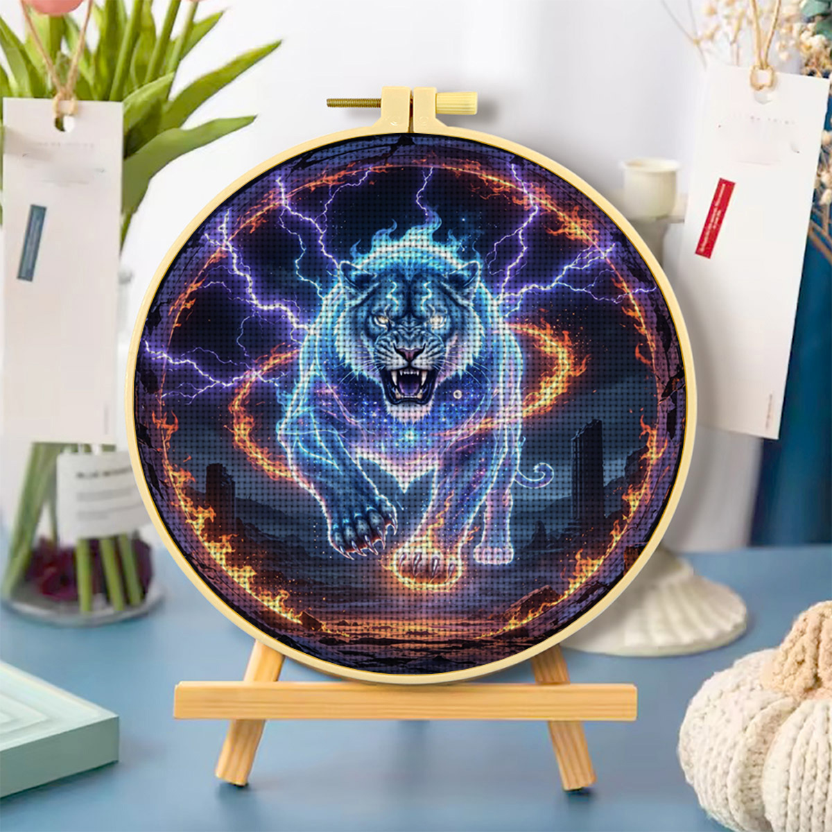 Complete DIY Cross-Stitch Starter Kit with Lightning Spirit Tiger Design