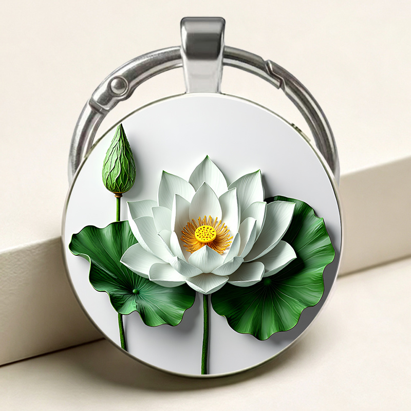 Circular Keychain with Semi-Realistic White Lotus Blooming Pattern