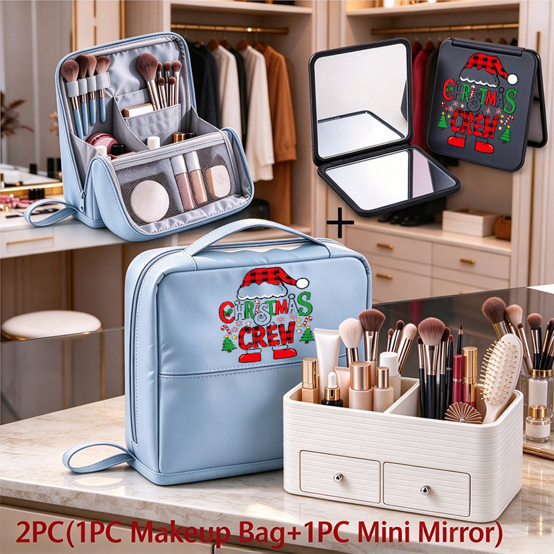 2pcs Christmas Makeup Bag and Mini Mirror Travel Organizer Case