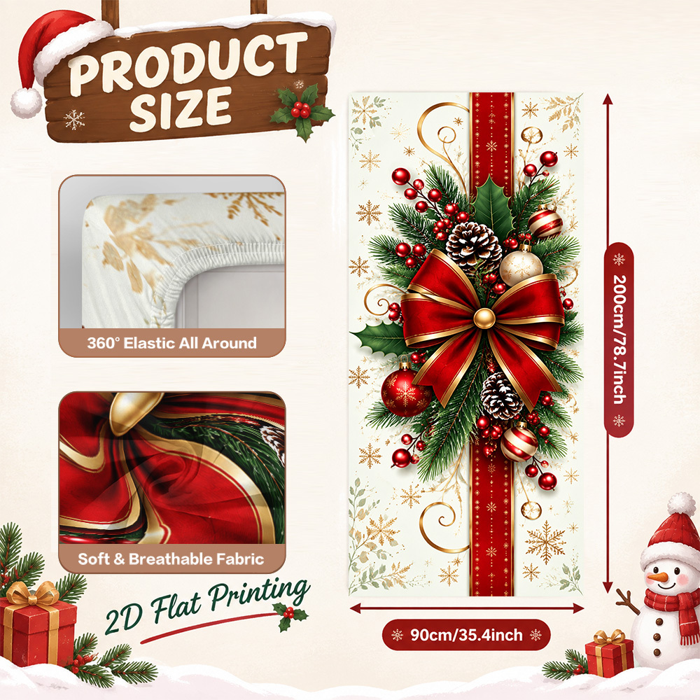 TEMU 2d Flat, 2d Door Banner, 1pc 2d Christmas Door Banner 2d Flat, Stretch Door Cover Printed With Christmas Red Bow Decor, Easy To Put On, Easy To