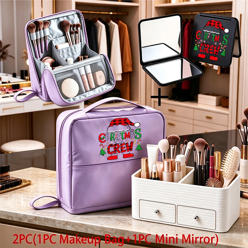2pcs Christmas Makeup Bag and Mini Mirror Travel Organizer Case