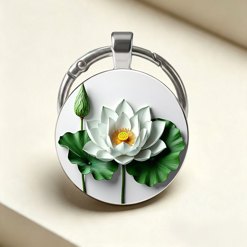 Circular Keychain with Semi-Realistic White Lotus Blooming Pattern