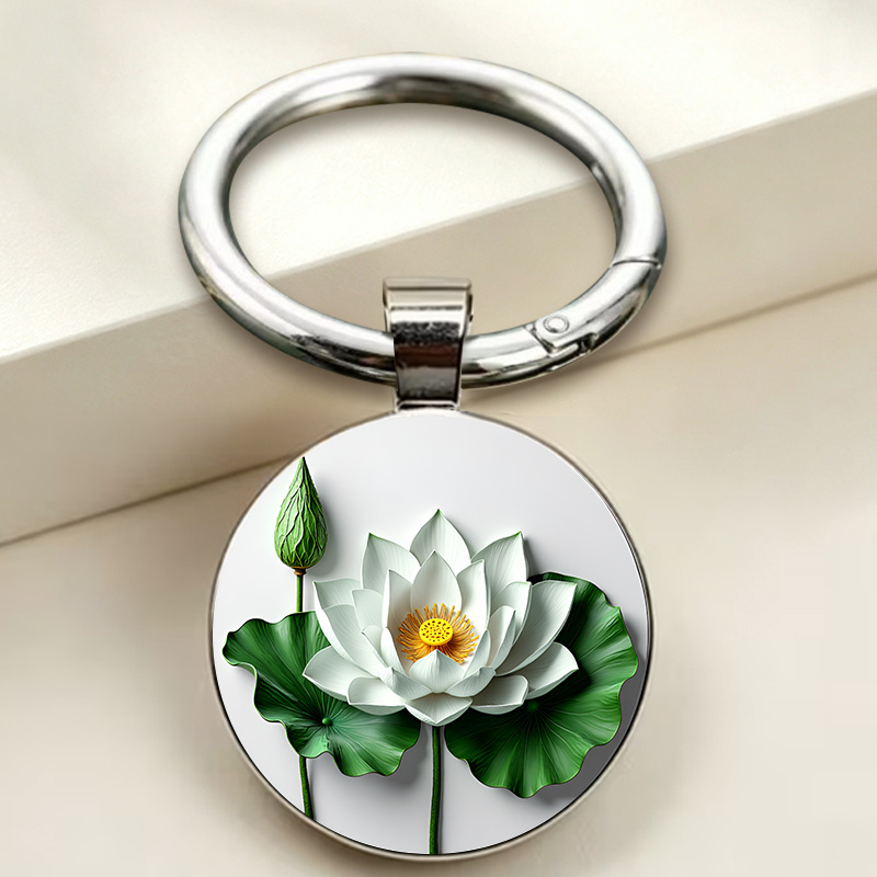 Circular Keychain with Semi-Realistic White Lotus Blooming Pattern