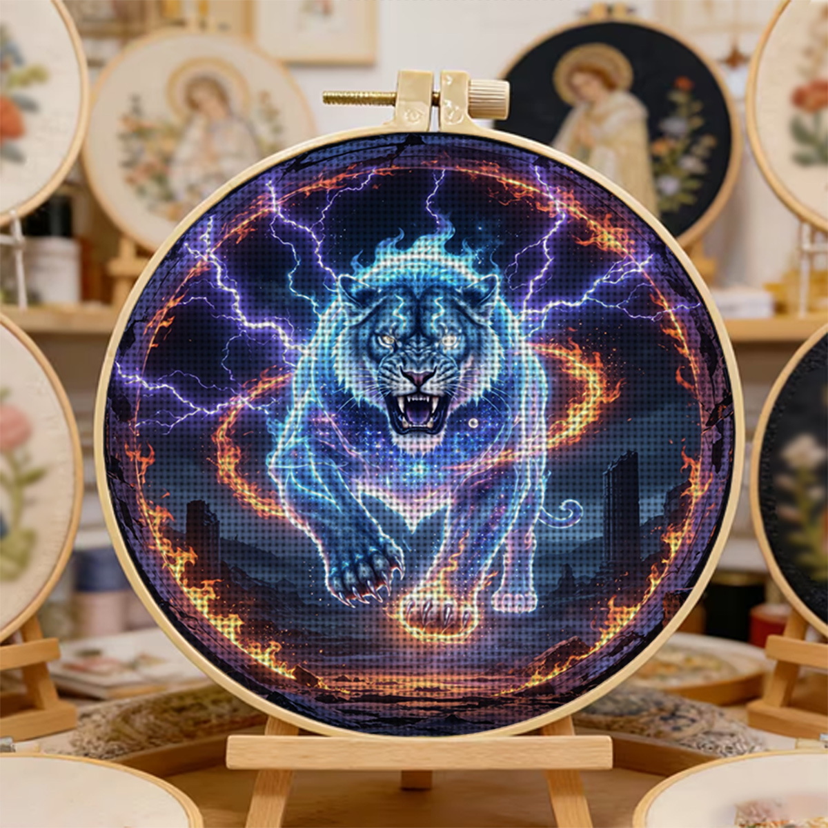 Complete DIY Cross-Stitch Starter Kit with Lightning Spirit Tiger Design