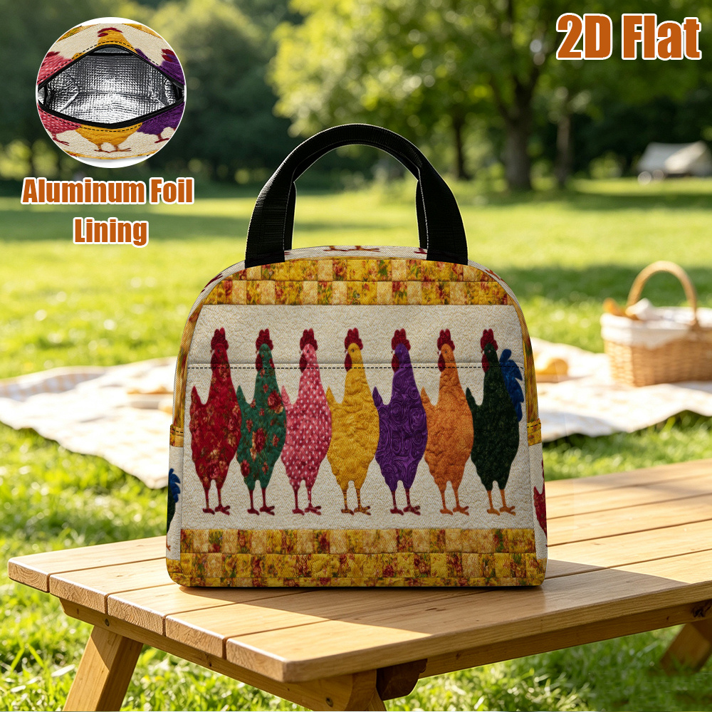 2d flat printing insulated lunch box tote bag lunch tote bag with colorful chickens in a row pattern reusable grocery bags tote bag for work large capacity portable cooler bag for back to school work   travel non food contact 2d flat