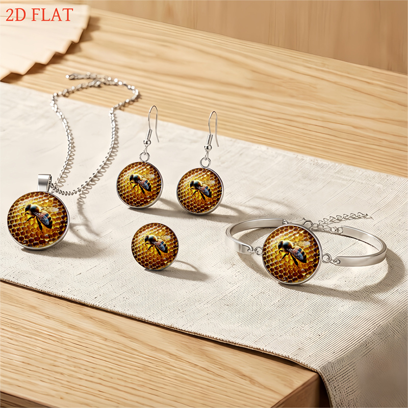 5pc Bee and Honeycomb Pattern Necklace, Earrings, Brooch & Bracelet Set