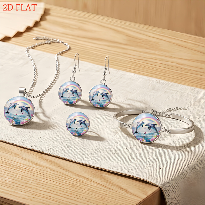 5pc Dolphin & Rainbow Pattern Necklace Bracelet Earrings Brooch Set