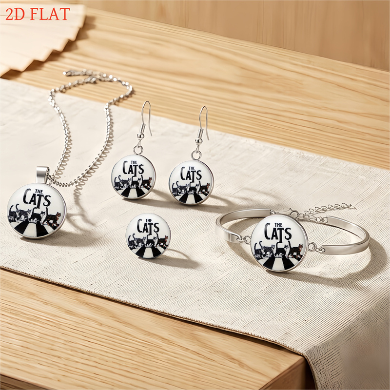 5pc Cat-Themed Women's Necklace, Earrings, Brooch & Bracelet Set