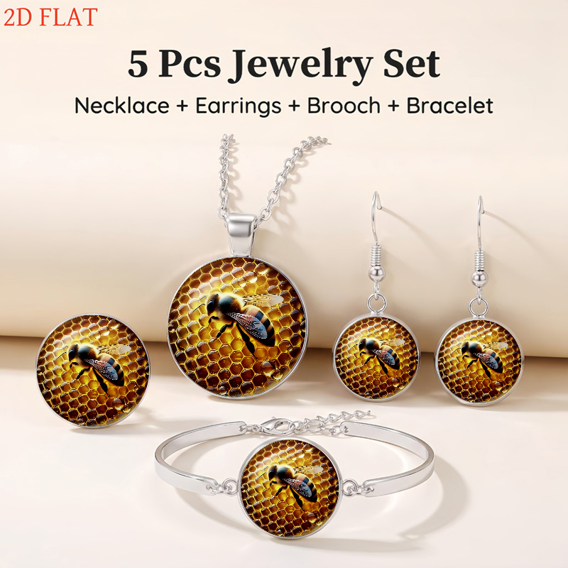 5pc Bee and Honeycomb Pattern Necklace, Earrings, Brooch & Bracelet Set