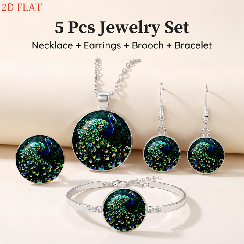 5pc PeaRooster-Themed Women's Set with Necklace, Earrings, Brooch & Bracelet