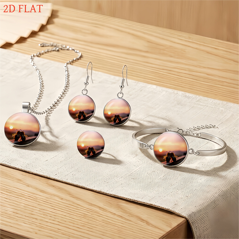 5pc Bee & Sunset-Themed Necklace, Earrings, Brooch & Bracelet Set