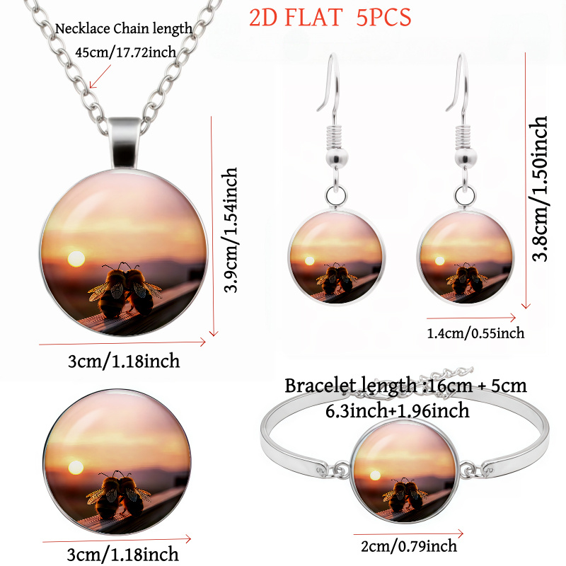 5pc Bee & Sunset-Themed Necklace, Earrings, Brooch & Bracelet Set