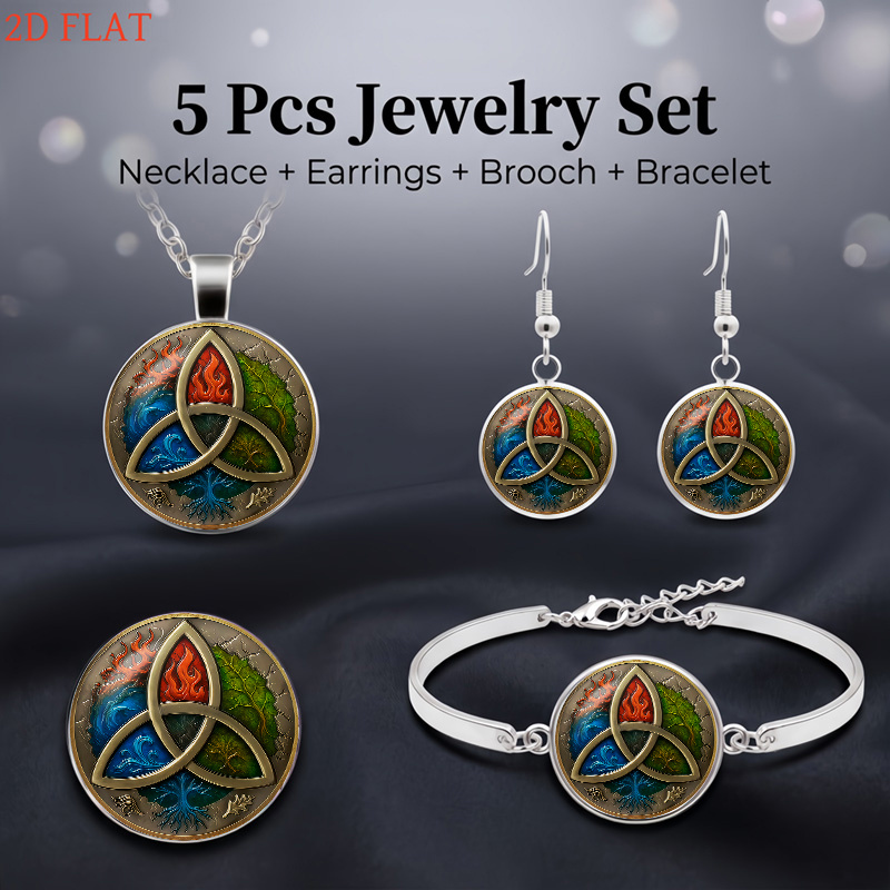 5pc Elemental Triquetra-Themed Women's Necklace, Earrings, Brooch, Bracelet Set