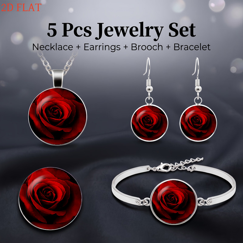 Red Rose-Themed Women's Necklace, Earrings, Brooch, Bracelet Set