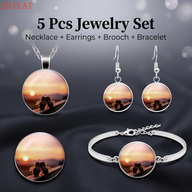 5pc Bee & Sunset-Themed Necklace, Earrings, Brooch & Bracelet Set