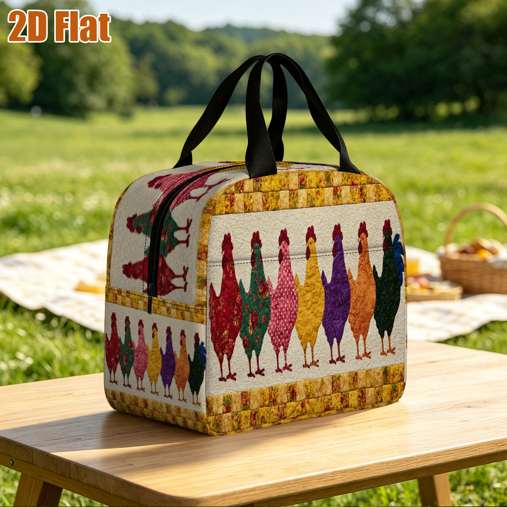 2d flat printing insulated lunch box tote bag lunch tote bag with colorful chickens in a row pattern reusable grocery bags tote bag for work large capacity portable cooler bag for back to school work   travel non food contact 2d flat