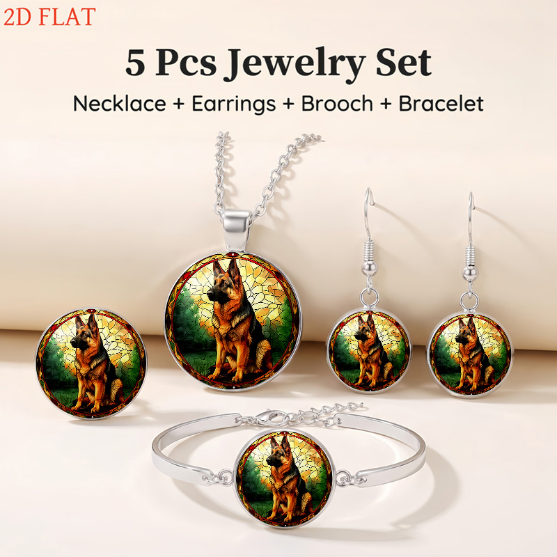 5pcs German Shepherd Stained Glass Design Jewelry Set, Gift