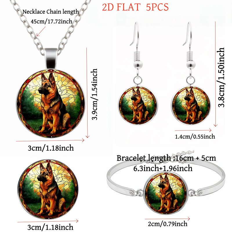 5pcs German Shepherd Stained Glass Design Jewelry Set, Gift