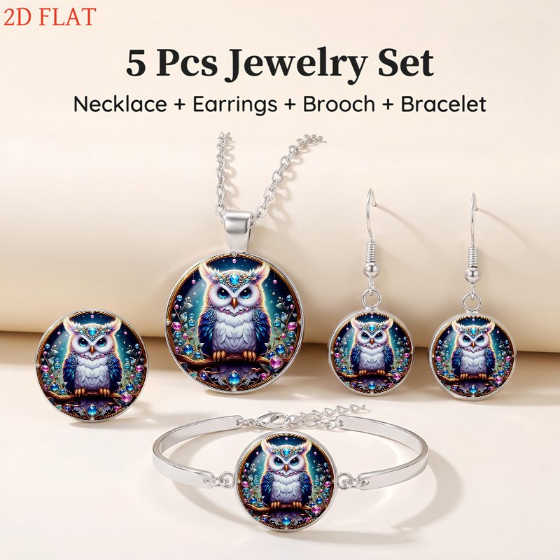 5pc Owl-Themed Women's Necklace, Earrings, Brooch, Bracelet Set