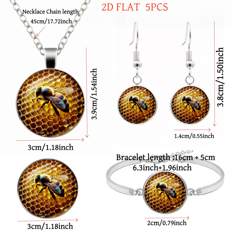 5pc Bee and Honeycomb Pattern Necklace, Earrings, Brooch & Bracelet Set