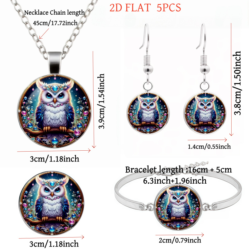 5pc Owl-Themed Women's Necklace, Earrings, Brooch, Bracelet Set