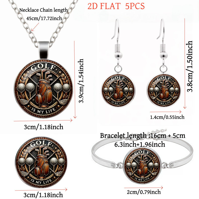 5pcs Golf-Themed Women's Necklace, Earrings, Brooch, Bracelet Set