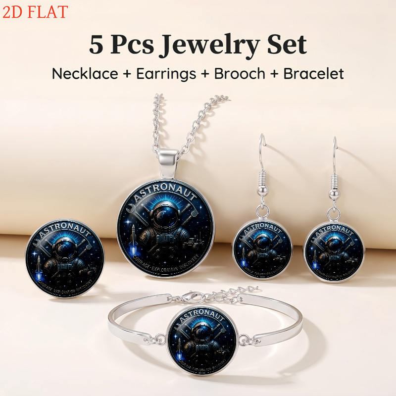 5pc Astronaut-Themed Women's Necklace Earrings Brooch Bracelet Set