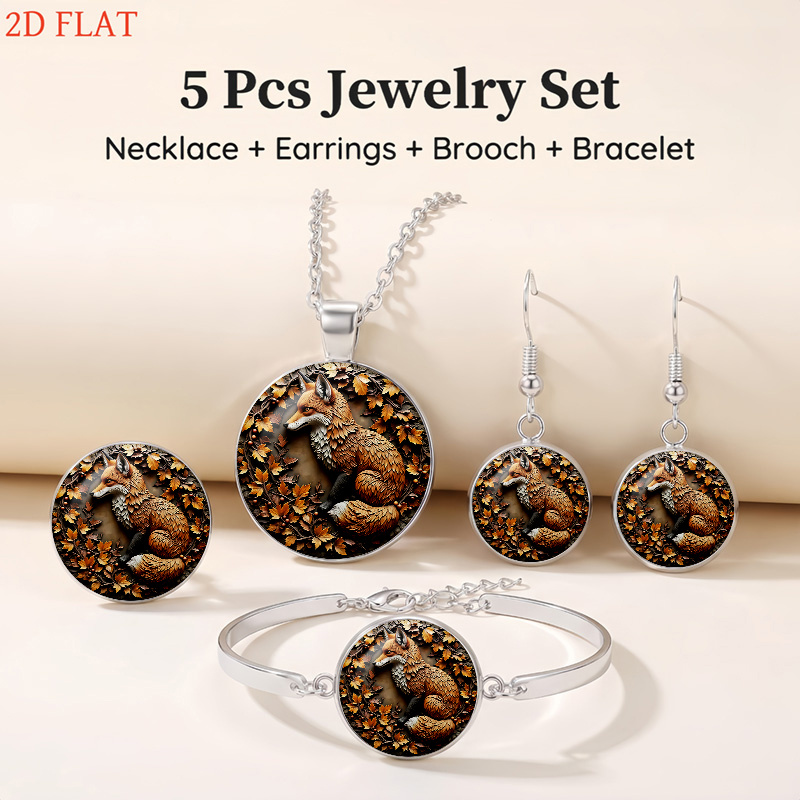 5pc Fox & Autumn Leaves Necklace, Earrings, Brooch, and Bracelet Set