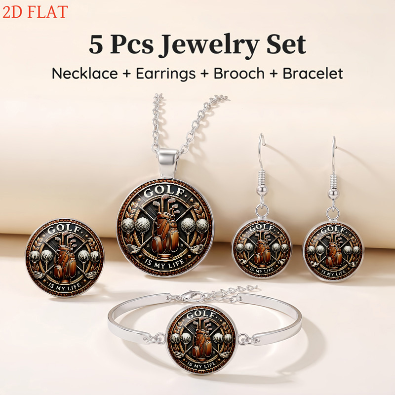 5pcs Golf-Themed Women's Necklace, Earrings, Brooch, Bracelet Set