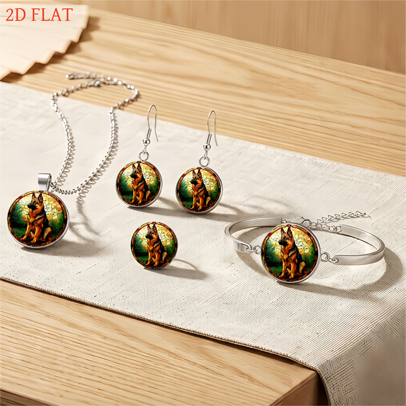 5pcs German Shepherd Stained Glass Design Jewelry Set, Gift