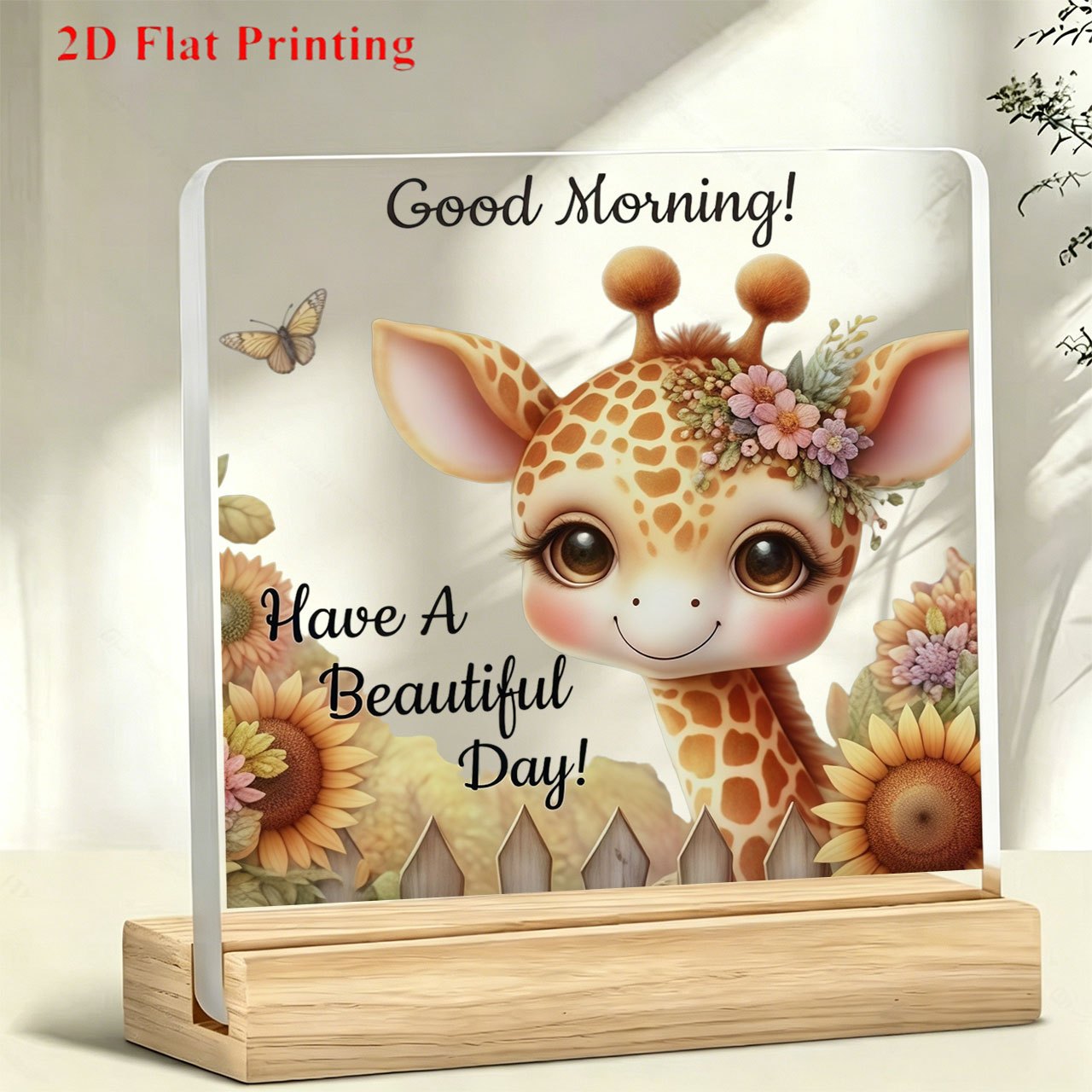 TEMU 1pc Acrylic Desktop Decorative Standee, Cute Giraffe With Floral, , And Sunflower Pattern Paperweight, Desktop Decoration, Suitable For Work,