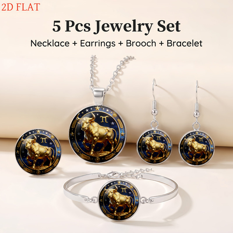 5pc Taurus Zodiac-Themed Necklace, Earrings & Brooch Set