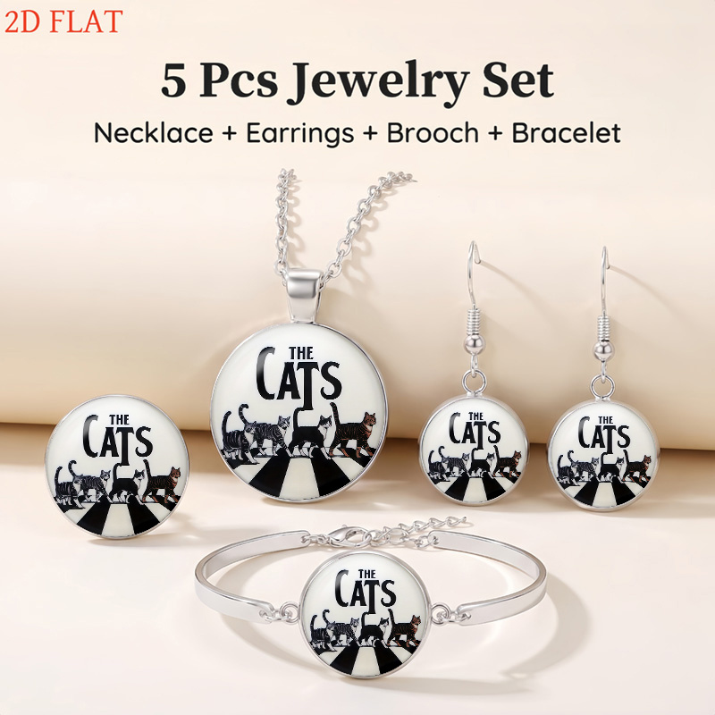 5pc Cat-Themed Women's Necklace, Earrings, Brooch & Bracelet Set