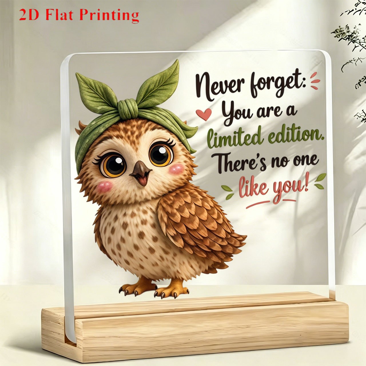 TEMU 1pc Acrylic Desktop Decorative , Cute Owl With Green Leaf Headpiece And Inspirational Text Pattern Paperweight, Desktop Decoration, Suitable For