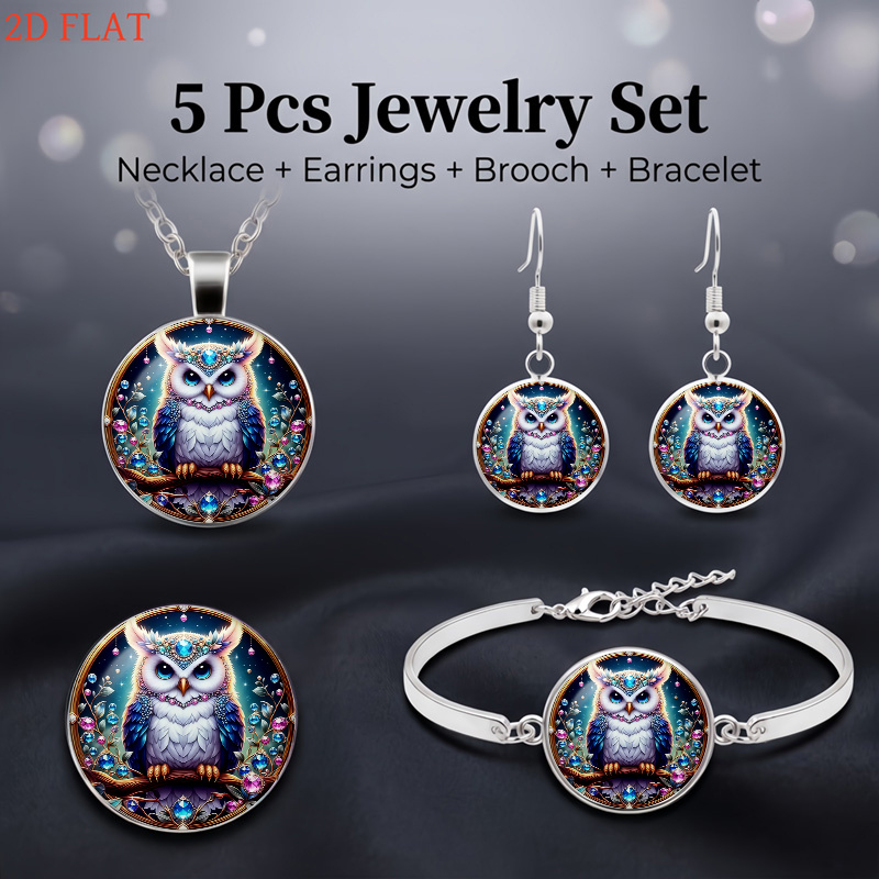 5pc Owl-Themed Women's Necklace, Earrings, Brooch, Bracelet Set