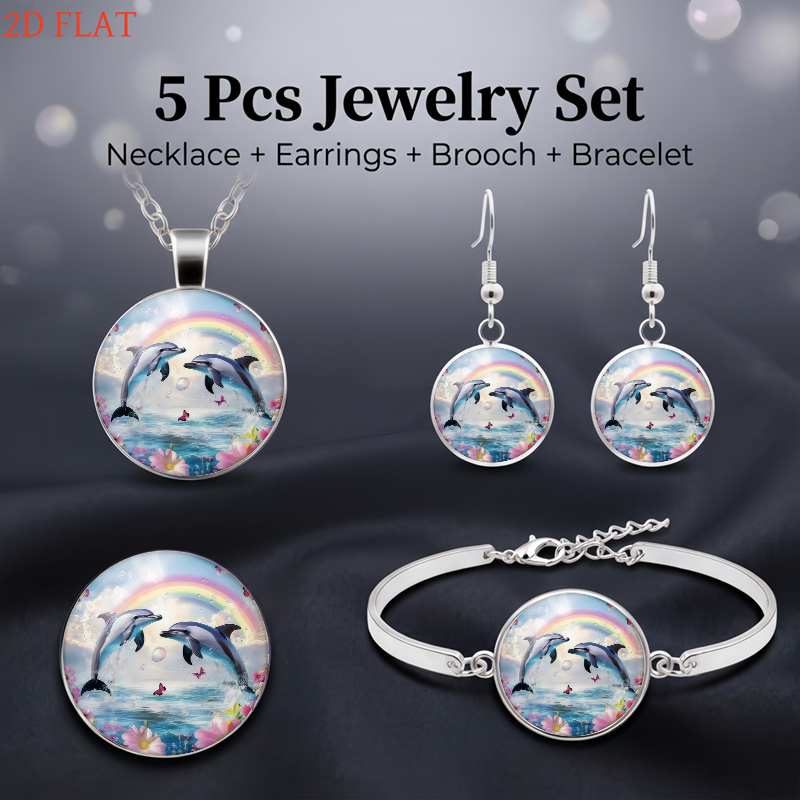 5pc Dolphin & Rainbow Pattern Necklace Bracelet Earrings Brooch Set