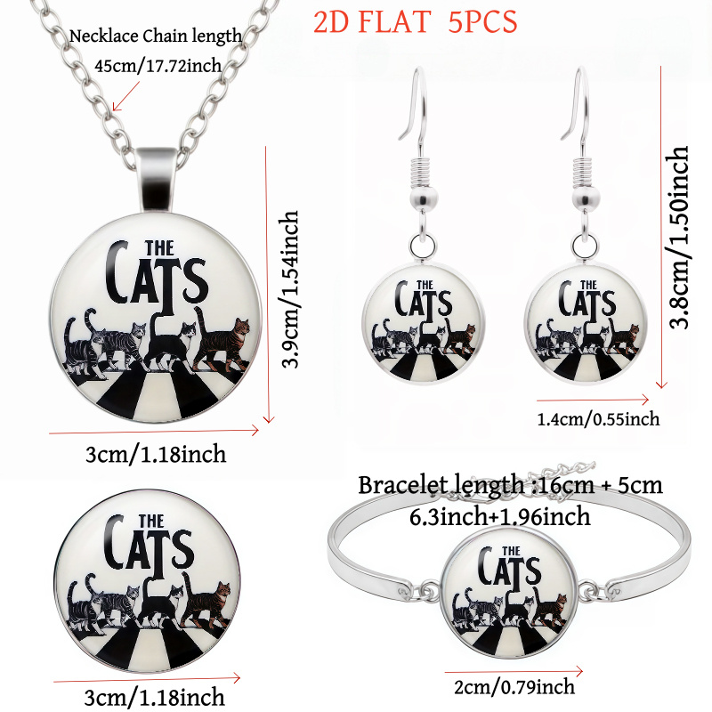 5pc Cat-Themed Women's Necklace, Earrings, Brooch & Bracelet Set