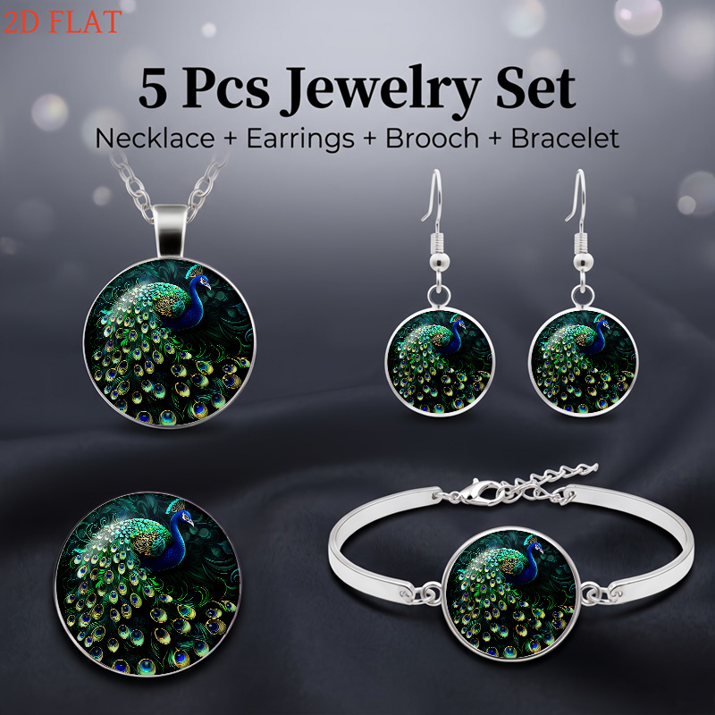 5pc PeaRooster-Themed Women's Set with Necklace, Earrings, Brooch & Bracelet
