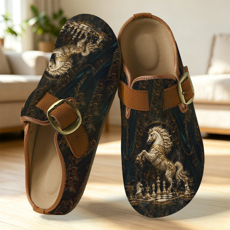 artikel foto pantoffelsloffen met paardenschaakpatroon voor dames en heren, modieuze trendy pantoffelsloffen met  , comfortabele casual klompschoenen met voetbed, pantoffels voor thuis, binnen, buiten, cadeau, damesschoenen