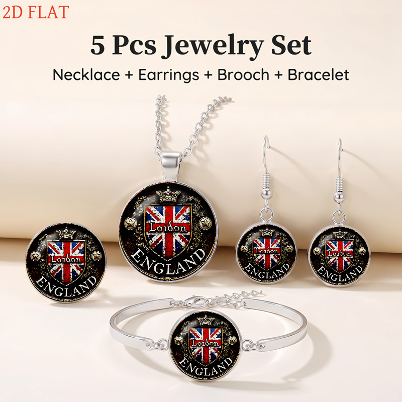 5pc Union Jack & Crown-Themed Ladies Jewellery Set