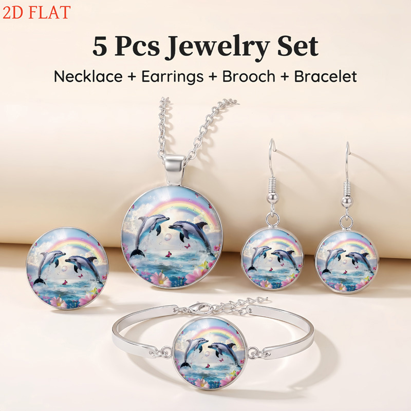 5pc Dolphin & Rainbow Pattern Necklace Bracelet Earrings Brooch Set
