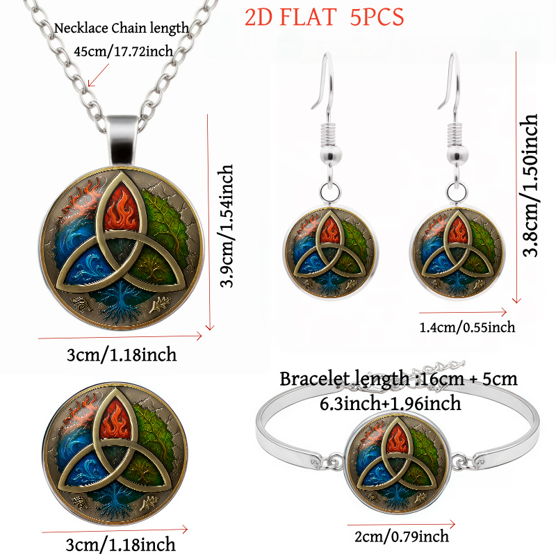 5pc Elemental Triquetra-Themed Women's Necklace, Earrings, Brooch, Bracelet Set