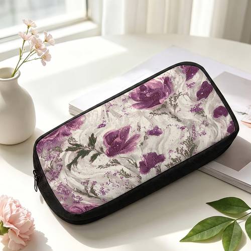 item picture 1pc, Watercolor Purple Flowers Pencil Case Printed Pencil Case, Zipper Stationery Storage Pouch, Stylish Portable Pen Organizer, Ideal for Teen Students, Classroom And Office Use