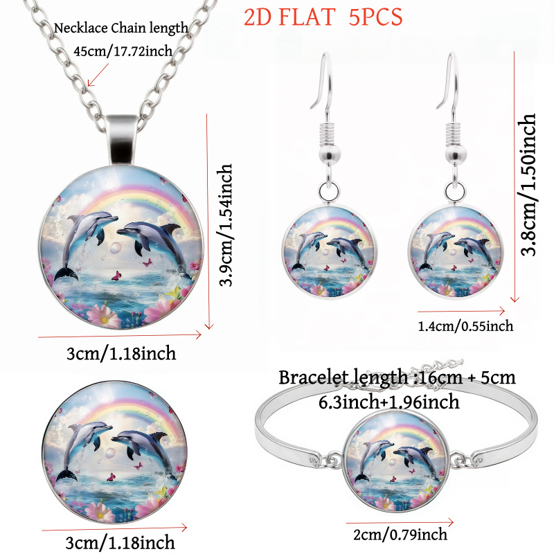 5pc Dolphin & Rainbow Pattern Necklace Bracelet Earrings Brooch Set
