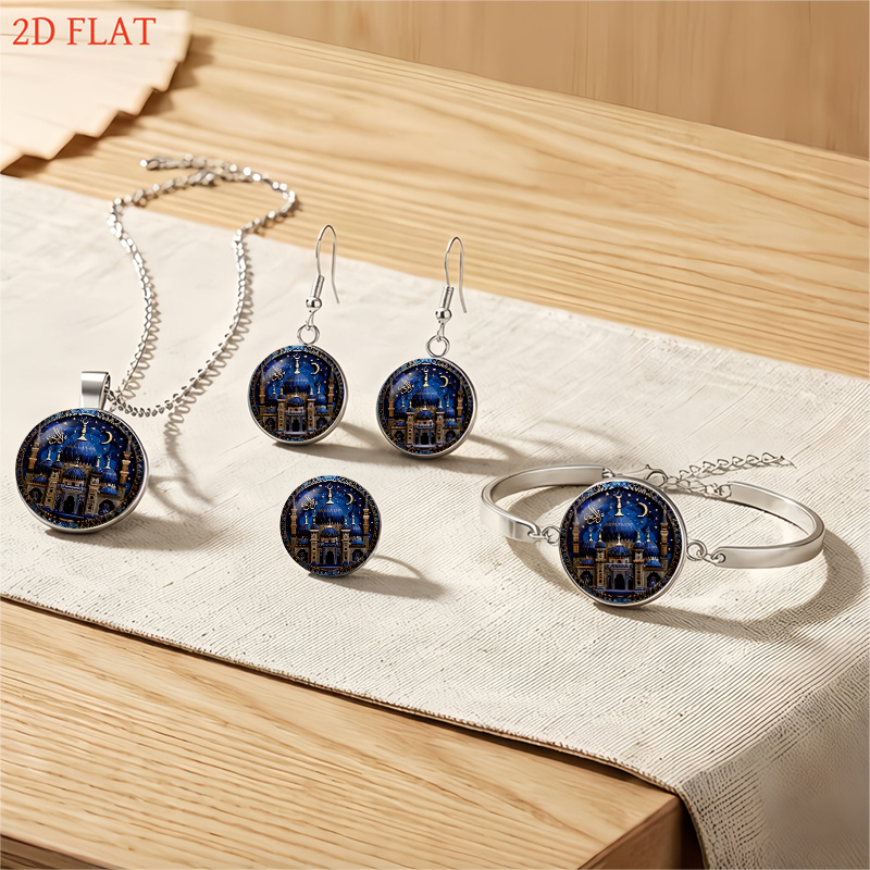 5pc Mosque-Themed Ladies' Necklace, Earrings, Brooch, Bracelet Set
