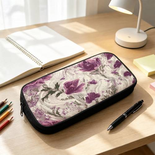 1pc, Watercolor Purple Flowers Pencil Case Printed Pencil Case, Zipper Stationery Storage Pouch, Stylish Portable Pen Organizer, Ideal for Teen Students, Classroom And Office Use