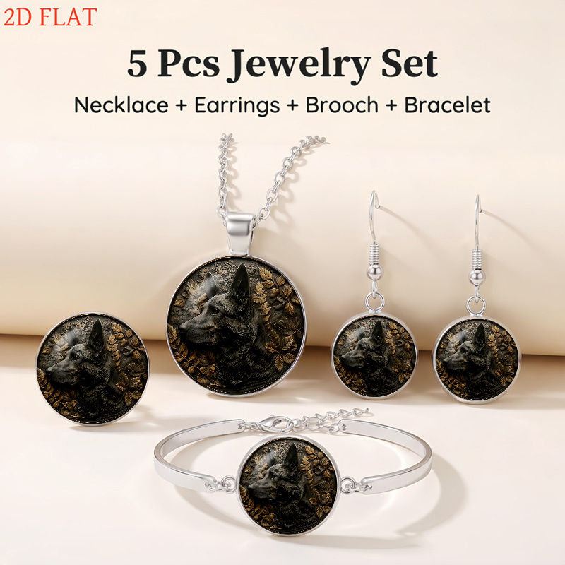 5pc German Shepherd and Leaf-Themed Jewelry Set