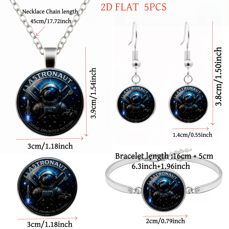 5pc Astronaut-Themed Women's Necklace Earrings Brooch Bracelet Set